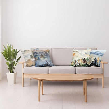 Ambesonne Forest Throw Pillow Cushion Case Pack of 4, Watercolor Painting of Nature Landscape Hazy Mountains and Pine Trees, Modern Accent Double-Sided Digital Printing, 24", Blue Emerald and Cocoa
