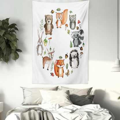 Lunarable Woodland Tapestry, Animals of The Forest Mushrooms Acorns Circular Frame Cartoon Pastel Colors, Wall Hanging for Bedroom Living Room Dorm Decor, 40" X 60", Multicolor