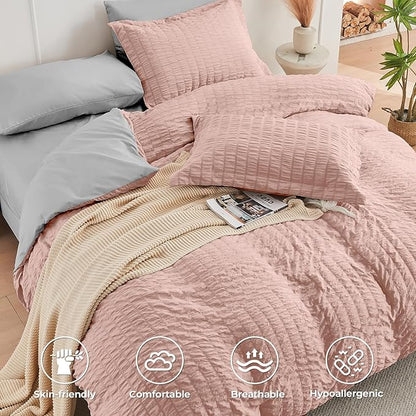 HYMOKEGE Rose Gold/Light Grey King Size Comforter Set Seersucker 7 Pieces, All Season Luxury Bed in a Bag for Bedroom, Bedding Set with Comforter, Sheets, Pillowcases & Shams