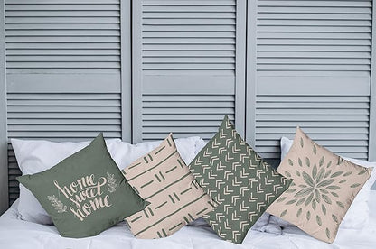 Ambesonne Modern Throw Pillow Cushion Case Pack of 4, Scandinavian Minimal Ornaments Boho Feather Leaves and Home Phrase, Modern Accent Double-Sided Digital Printing, 24", Pale Tan and Reseda Green