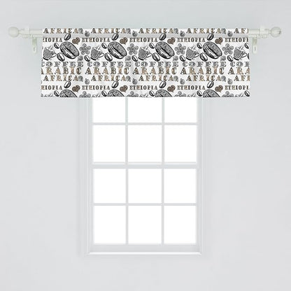 Ambesonne Modern Window Valance Pack of 2, Coffee Beans with Ornamental Words Ethiopians Pattern, Rod Pocket Curtain Valances for Kitchen Bedroom, 54" X 18", Sand Brown Black