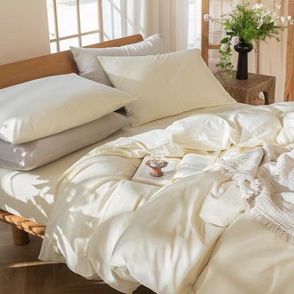 MooMee Bedding Duvet Cover Set 100% Washed Cotton Linen Like Textured Breathable Durable Soft Comfy (Solid Cream White, Alaska King 132"x120")