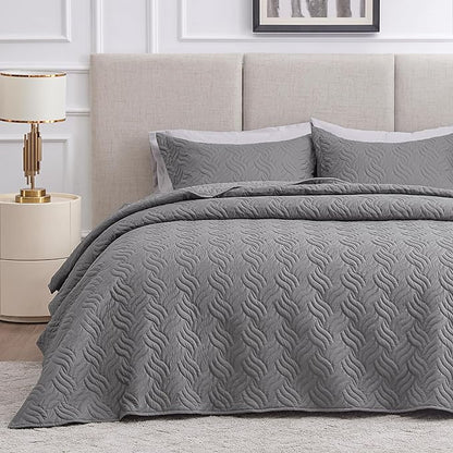 Love's cabin Twin Quilt Bedding Set Grey Bedspreads - Soft Bed Summer Lightweight Bedspread Comforter - Wave Pattern Bedding Coverlet for All Season - 2 Pieces (1 Quilt, 1 Pillow Sham)