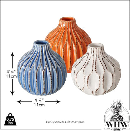 Iconic Scandi Baby Vases, Set of 3, Ribbed, Turquoise Blue, Ivory and Orange, Crackle Suffused, 4.25 Diameter x 4.25 Inches Tall, Modern Home Design, Centerpieces