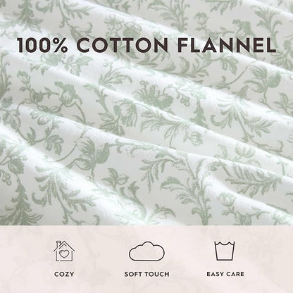 Laura Ashley - Flannel Sheets Twin Size, Anti-Pilling & Wrinkle Resistant Cotton, Touchably Soft for All-Season Comfort - Bed Sheets with Matching Pillowcase & Fitted Sheet (Brinna Green)