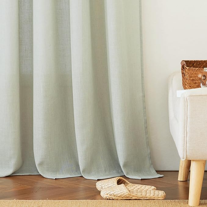 RYB HOME Privacy Semi Sheer Linen Curtains Extra Wide Curtains 108" Length, Rod Pocket Linen Blend Elegant Light Filtering Privacy Protected Panels for Farmhouse/Living Room, Sage, 52" W, 2 Panels