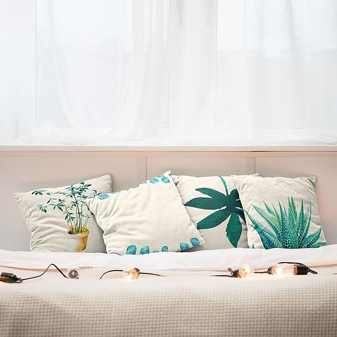 Ambesonne Botanical Throw Pillow Cushion Case Pack of 4, Minimalist Watercolor Painting Leaves Agave Branches Plant in a Pot, Modern Accent Double-Sided Digital Printing, 24", Teal Turquoise and White