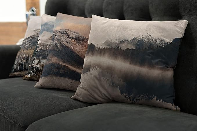 Ambesonne Landscape Throw Pillow Cushion Case Pack of 4, Snowy Mountains Woods Early Morning Sunrise Nature Outdoors Scenery Photo, Modern Accent Double-Sided Digital Printing, 20", Brown White