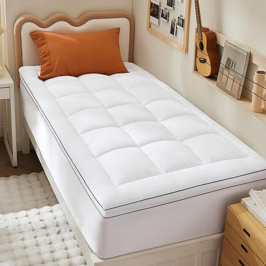 Bedsure Twin XL Mattress Topper Dorm Bedding - Extra Thick Mattress Pad Cover with Deep Pocket, Plush Soft Pillow-Top Bed Topper for Back Pain Relief, Overfilled with Down Alternative Filling, White