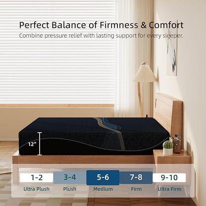 Crystli Queen Mattress 12 Inch, Gel Memory Foam Queen Size Mattresses, Activated Charcoal Infused, Medium Firm Bed Mattress in a Box for Pressure Relief, Fiberglass-Free, CertiPUR-US Certified, Black