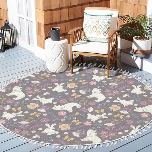 Round Rugs Autumn Forest Cute Bear Rabbit Flowers Butterflies Cartoon Boho Area Rug Linen and Cotton Carpet Meditation Rug Washable Hallway Runner Mat Accent Rug for Bedroom Bathroom 4ft