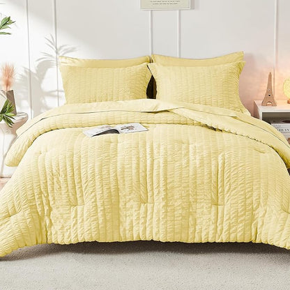 HYMOKEGE Yellow Twin Comforter Set Seersucker 5 Pieces, All Season Luxury Bed in a Bag for Bedroom, Bedding Set with Comforter, Sheets, Pillowcase & Sham