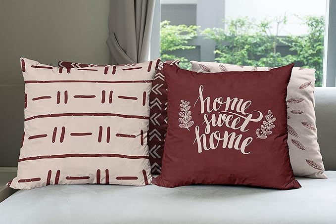 Ambesonne Modern Throw Pillow Cushion Case Pack of 4, Scandinavian Minimal Ornaments Boho Feather Leaves and Home Phrase Print, Modern Accent Double-Sided Digital Printing, 16", Pale Tan and Burgundy