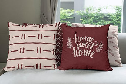 Ambesonne Modern Throw Pillow Cushion Case Pack of 4, Scandinavian Minimal Ornaments Boho Feather Leaves and Home Phrase Print, Modern Accent Double-Sided Digital Printing, 16", Pale Tan and Burgundy