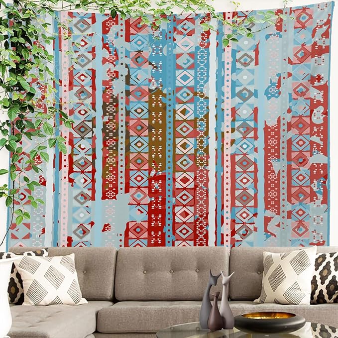 Batmerry Boho Tribal Tapestry, Aztec Ethnic Tribal Colorful Boho Abstract Distress Watercolor Wall Hanging Polyester Fiber White Ruffled Around For Dorm Room Bedroom Living Room, 90.6 X 78.7 Inches