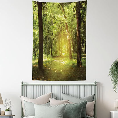 Lunarable Woodland Tapestry Twin Size, Tall Forest Trees Basking in The Morning Peaceful Environment in Green Nature, Wall Hanging Bedspread Bed Cover Wall Decor, Twin Size, Green Chocolate