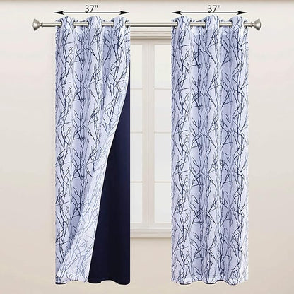 BONZER Mix and Match Curtains - 2 Pieces Branch Print Sheer Curtains and 2 Pieces Blackout Curtains for Bedroom Living Room Grommet Window Drapes, 37x63 Inch/Panel, Indigo, Set of 4 Panels