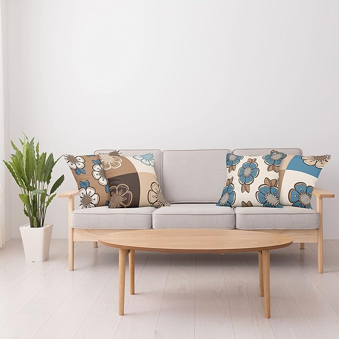 Ambesonne Retro Throw Pillow Cushion Case Pack of 4, Nostalgic Flower Petals Spring Vibes on Earthy Colors Mosaic Tile Themed, Modern Accent Double-Sided Digital Printing, 24", Sea Blue Umber and Tan