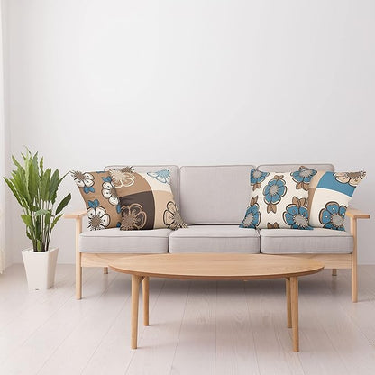 Ambesonne Retro Throw Pillow Cushion Case Pack of 4, Nostalgic Flower Petals Spring Vibes on Earthy Colors Mosaic Tile Themed, Modern Accent Double-Sided Digital Printing, 24", Sea Blue Umber and Tan