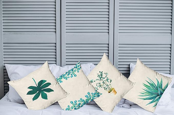Ambesonne Botanical Throw Pillow Cushion Case Pack of 4, Minimalist Watercolor Painting Leaves Agave Branches Plant in a Pot, Modern Accent Double-Sided Digital Printing, 20", Teal Turquoise and White