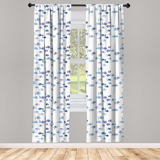 Ambesonne Animal Window Curtains, Little Fishes Watercolors Ocean Underwater Life Marine Theme Art, Lightweight Decor 2-Panel Set with Rod Pocket, Pair of - 28" x 84", Blue