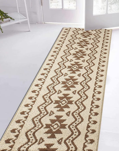 Custom Length Cut to Size Tribal Ethnic Southwestern Inspired Hallway Runner Rug, Non Slip Rubber Backed, 31 inch Wide X Customized Length, Aztec Beige, 31 inch X 13 feet