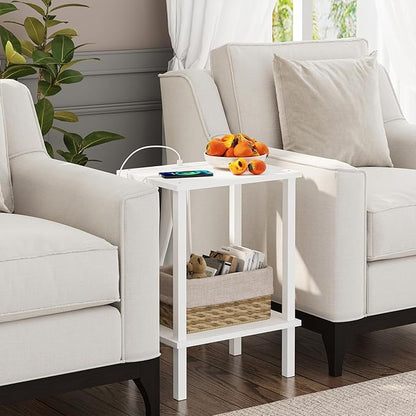 TUTOTAK End Table with Charging Station, Set of 2, Small Side Table with Outlets, Nightstand Bedside Table, 2-Tier Storage Shelf for Small Space, Living Room, Bedroom White TB01BW041