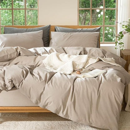 MooMee Bedding Duvet Cover Set 100% Washed Cotton Linen Like Textured Breathable Durable Soft Comfy (Heathered Taupe, Twin 68"x90")