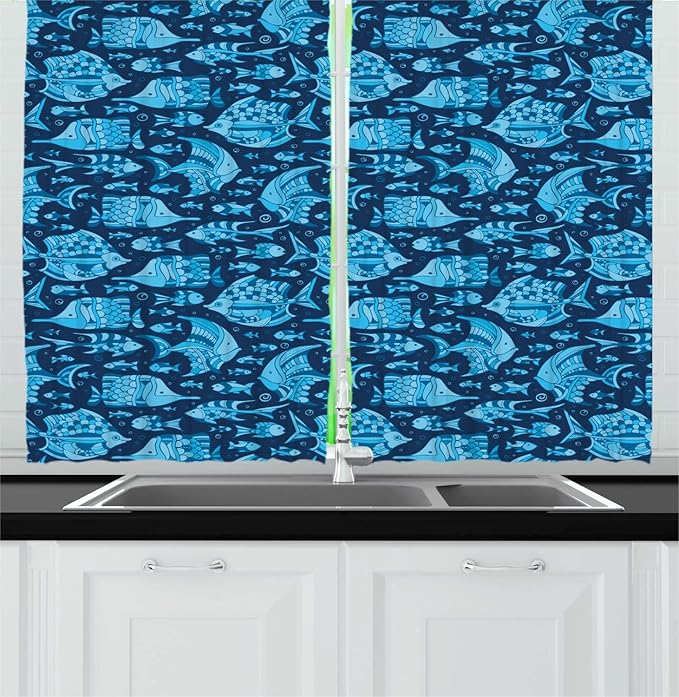 Lunarable Fish Long Kitchen Curtains, Monochrome Art Design Undersea Swimming Animals and Bubbles, 2 Panel Set Drapes with Rod Pocket Room Decor, 55" x 45", Night Blue Pale Sky Blue