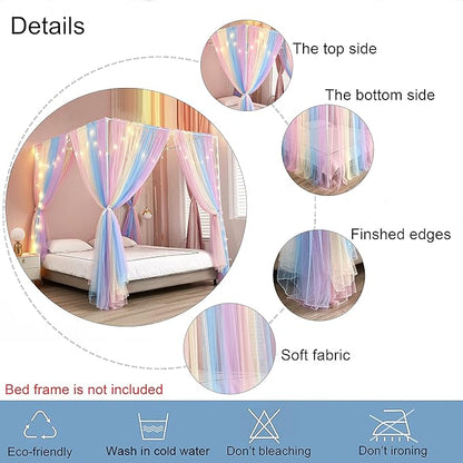 Akiky Canopy Bed Curtains with Lights 4 Corner Post Bed Canopy for Adults Girls, Rainbow Bed Drapes Netting-8 Panel Curtains,King