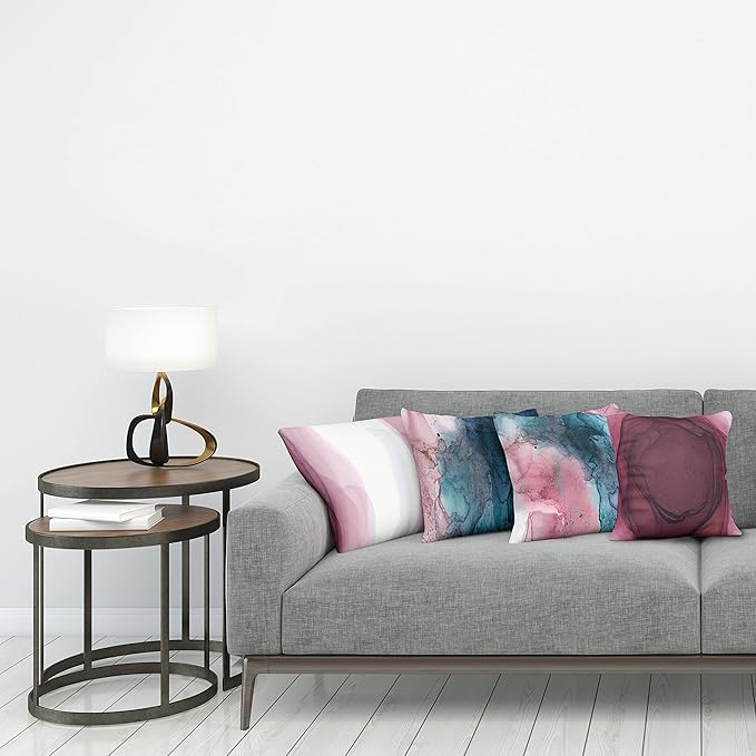 Ambesonne Marble Print Throw Pillow Cushion Case Pack of 4, Watercolor Effect Brushstrokes Stains and Hues Modern Bicolour, Modern Accent Double-Sided Digital Printing, 24", Petrol Blue and Dried Rose