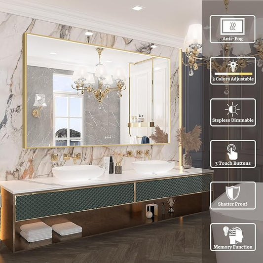 60x36 Inch LED Bathroom Mirror, Gold Metal Framed Lighted Mirror for Bathroom, Wall Mouted LED Vanity Mirror with Lights, 3 Colors and Stepless Dimmable, Anti-Fog, Memory