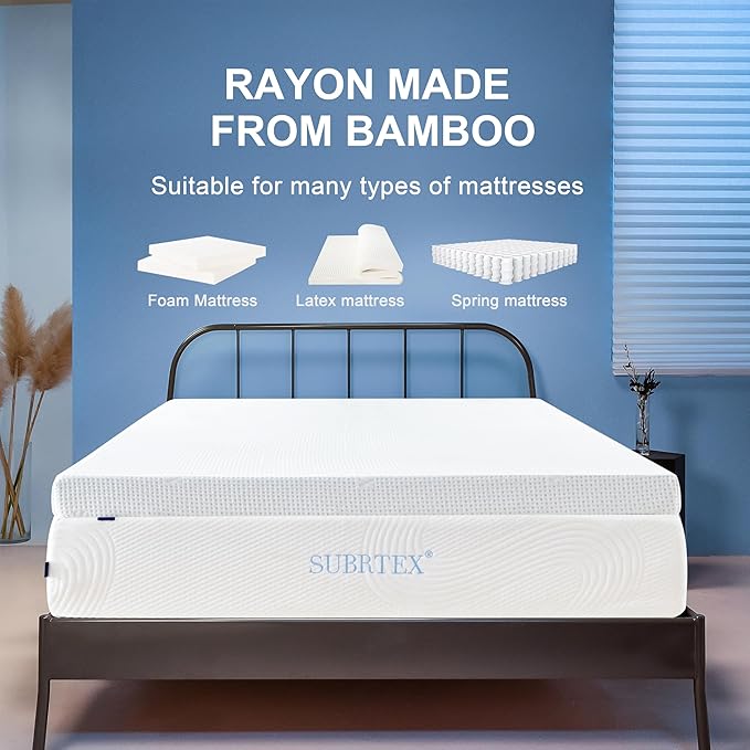 Subrtex 4 Inch Mattress Topper Cover (Only Cover) Mattress Topper Protector Bedding Rayon Made from Bamboo Removable Mattress Encasement with Zippers, Queen