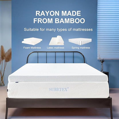 Subrtex 4 Inch Mattress Topper Cover (Only Cover) Mattress Topper Protector Bedding Rayon Made from Bamboo Removable Mattress Encasement with Zippers, Queen