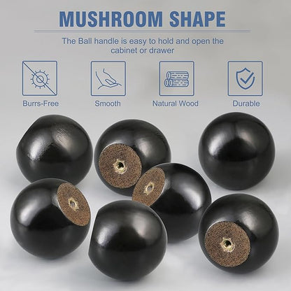 FoDau770 30pcs Black Wood Knobs, Round Ball Cabinet Knobs Vintage Drawer Pulls, Natural Wooden Cabinet Hardware for Furniture Drawer Dresser Wardrobe Cupboard - 1-1/2" Diameter