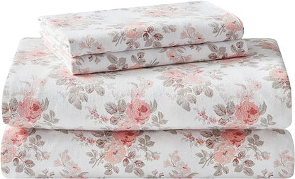 Laura Ashley - Flannel Sheets Queen Size, Anti-Pilling & Wrinkle Resistant Cotton, Touchably Soft for All-Season Comfort - Bed Sheets with Matching Pillowcases & Fitted Sheet (Lisalee Pink)