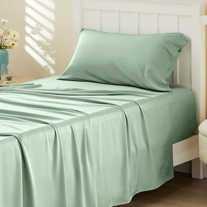 Bedsure Cooling Sheets Twin XL, Rayon Derived from Bamboo, Breathable & Soft Twin XL Sheet Sets, Deep Pocket Up to 16 Inches, Hotel Luxury Silky Dorm Bedding for Hot Sleepers, Sage Green