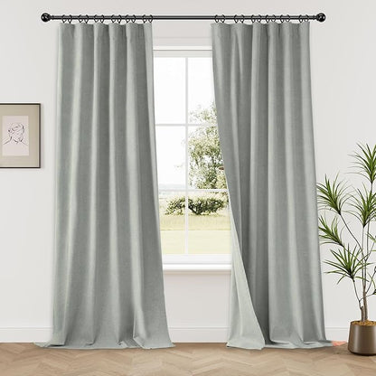 KangBang Extra Wide Blackout Linen Curtains, Sliding Door Curtains 84Wx108L, Back Tab Pocket Pleated Room Darkening Modern Drapes for Cottage High Ceiling(7FTx9FT, Fog Grey,2 Panels)
