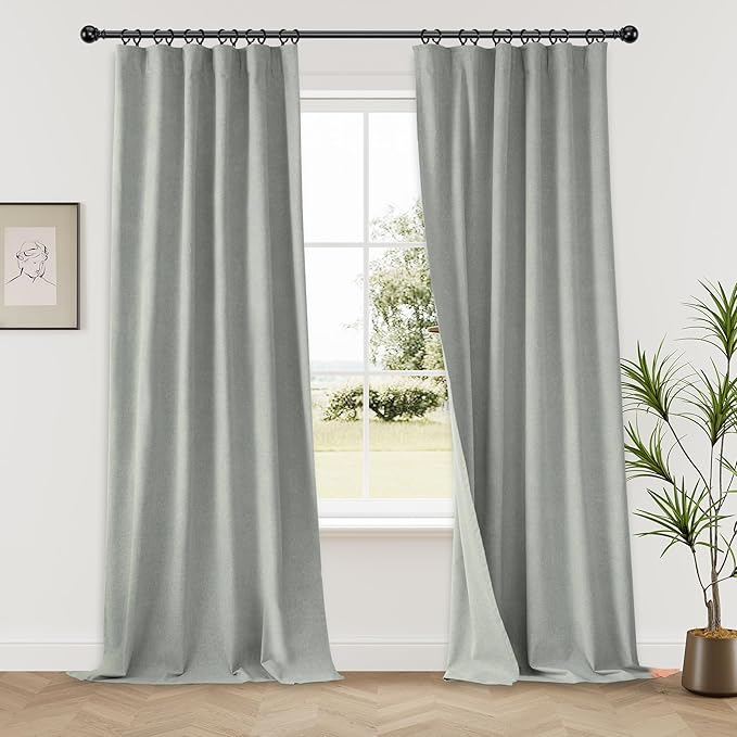 KangBang Full Blackout Linen Curtains 108 Inch Length, Noise Reducing Sun Blocking Curtains for Bedroom Dining Room, Back Tab Loop Pocket Pleated Floor to Ceiling Drapes(52Wx108L, Ash Fog Grey,2 PCs)