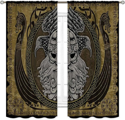 Norse Viking Curtains, Nordic Warriors Sword Celtic Rune Scandinavian Aesthetic Nation Valknut Mythology Window Drapery for Bedroom Living Room Bathroom 2 Panels, 84"x63" Inch