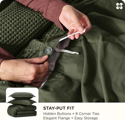 Bedsure Cotton Duvet Cover Set - 100% Cotton Waffle Weave Olive Green Duvet Cover California King Size, GentleSoft™ and Breathable Cal King Bedding Set for All Season, 3 Pieces, 104"x98"