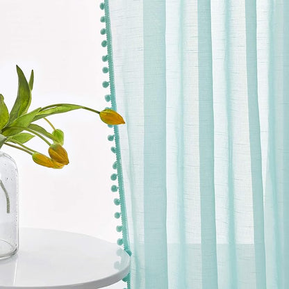 Treatmentex Pompom Sheer Curtain Panels 84inch Long Living Room Bedroom Window Curtain Drapes for School, Kindergarten 52" Width Each Panel. 1 Pair Rod Pocket Aqua