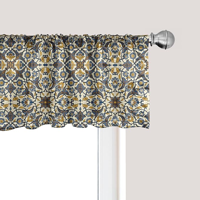 Ambesonne Turkish Pattern Window Valance, Flowers in and Traditional Style, Curtain Valance for Kitchen Bedroom Decor with Rod Pocket, 42" x 12", Earth Yellow Slate Blue