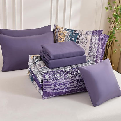 Boho King Size Comforter Set 8 Pieces, Violet Bohemian Striped Bed in a Bag, Paisley Soft Microfiber Bedding Comforter Set
