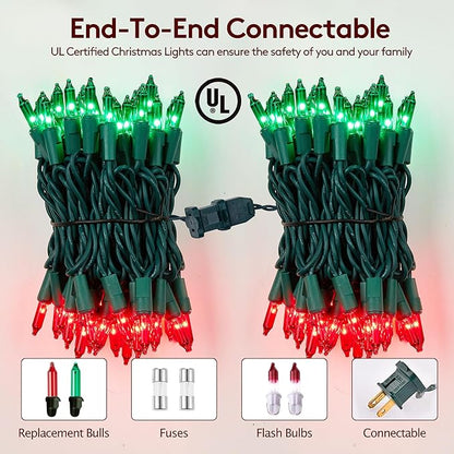 Red and Green Christmas Lights 100 Count Incandescent Light UL Certified Connectable Christmas Tree Lights with Green Wires for Indoor Outdoor Xmas, Wedding, Holiday, Party, Home Decorations