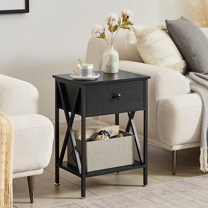 VECELO Nightstands Set of 2, Modern Bedside End Tables, Night Stands with Drawer and Storage Shelf for Living Room Bedroom, Industrial Metal Frame