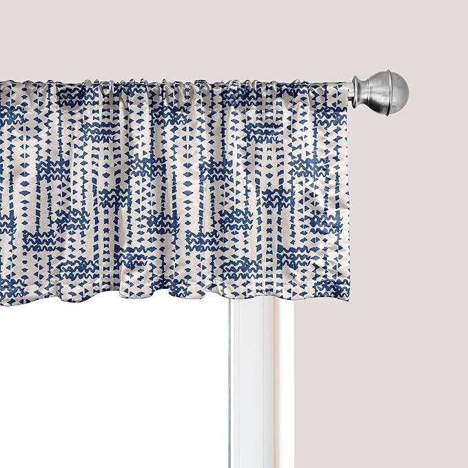 Ambesonne Ethnic Window Valance Pack of 2, Messy Waves and Small Triangles Indonesian Traditional Pattern Watercolors, Rod Pocket Curtain Valances for Kitchen Bedroom, 42" X 18", Navy Blue and Cream