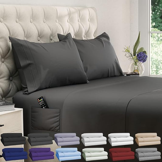 DREAMCARE King Size Sheets Set – 4 pcs Super Soft & Lightweight Cooling Sheets – up to 21” Deep Pocket King Sheet Set – Hotel Luxury Sheets & Pillowcases – 100% Fine Microfiber with Side Pocket Gray