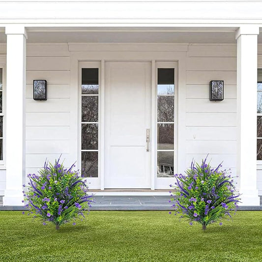 Artificial Boxwood Topiary Ball Trees with Ground Spikes UV Resistant Faux Greenery Shrubs Fake Shrubs for Outdoors, Realistic Faux Plants Bushes for Garden Porch Yard Patio Decor (Purple Flower)
