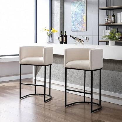 Modern Counter Height Linen Upholstered Bar Stools Set of 4, 32" Kitchen Counter Island Stools Bar Chairs with Black Metal Frame for Kitchen Island, Cream